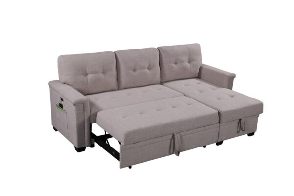 Nathan - Reversible Sleeper Sectional Sofa With Storage Chaise, USB Charging Ports And Pocket - Light Gray