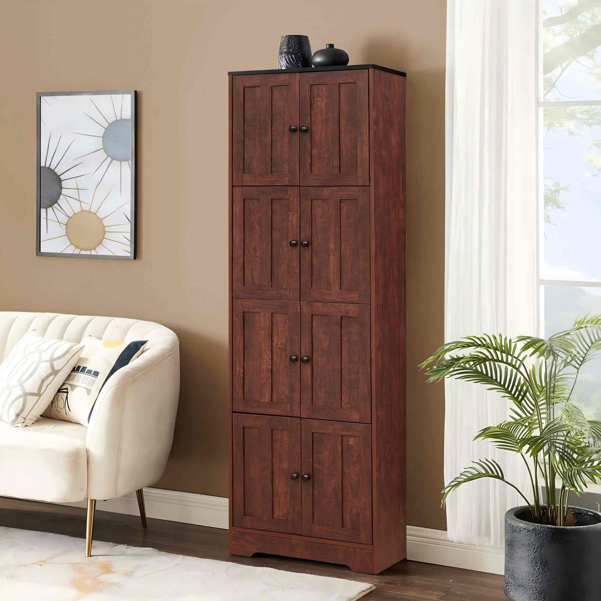 Tall Storage Cabinet With 8 Doors And 4 Shelves, Wall Storage Cabinet For Living Room, Kitchen, Office, Bedroom, Bathroom - Walnut - Image 8