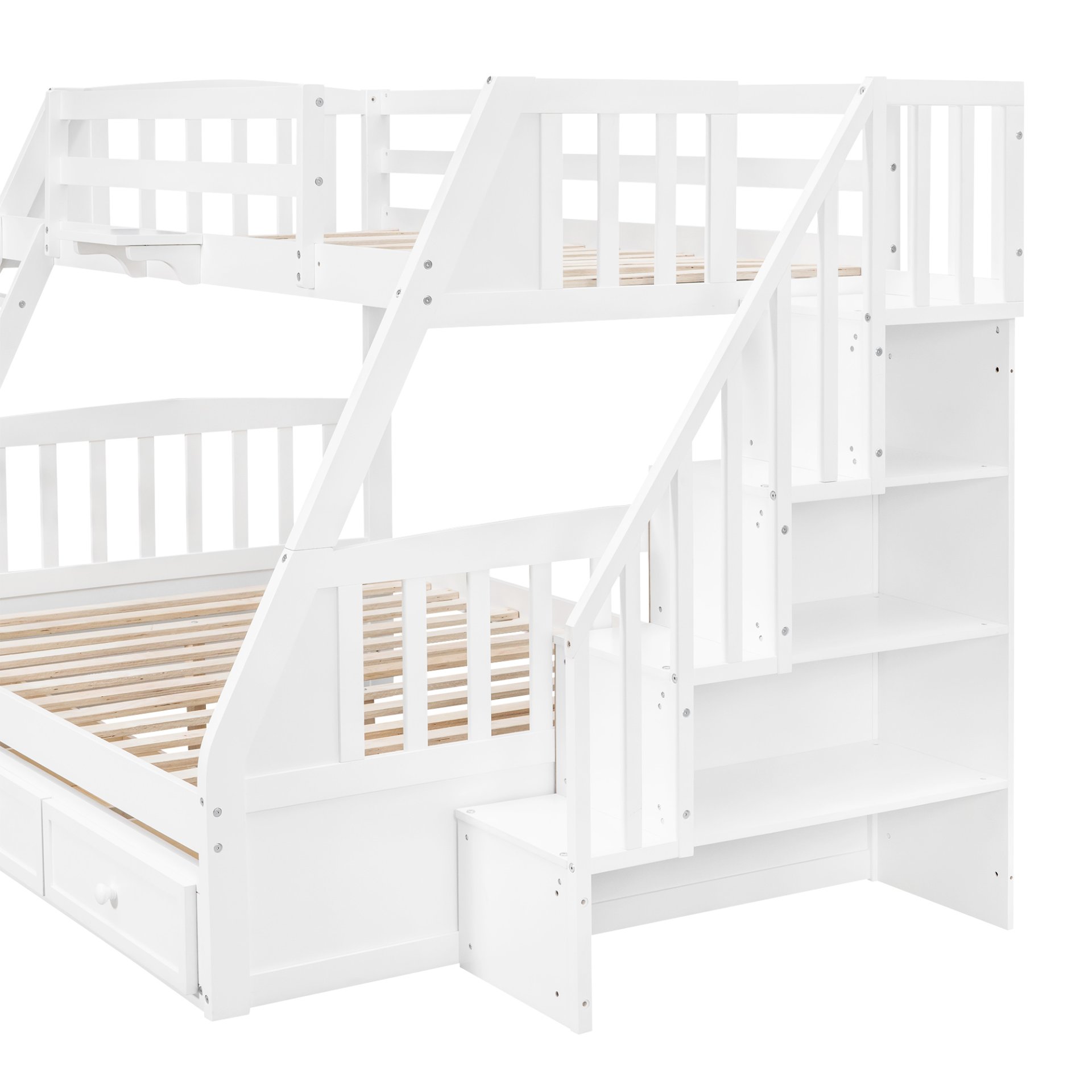 Twin Over Full Bunk Bed With Drawers, Ladder And Storage Staircase - White - Image 10
