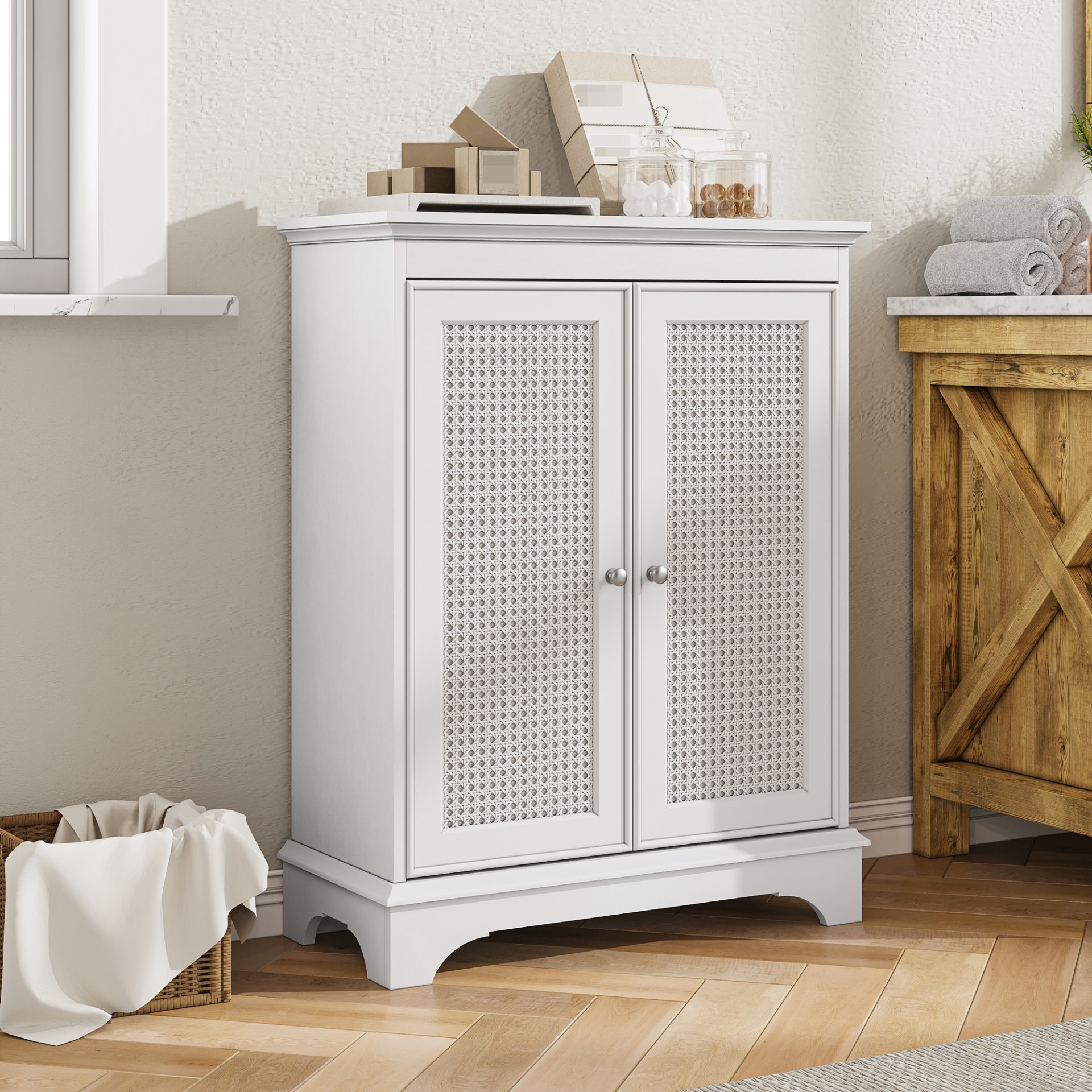 White 2 Door Rattan Storage Cabinet With Adjustable Partition, Medieval Modern Independent Buffet Cabinet, Multifunctional Decorative Cabinet Suitable For Living Room, Kitchen, Bathroom - White - Image 4