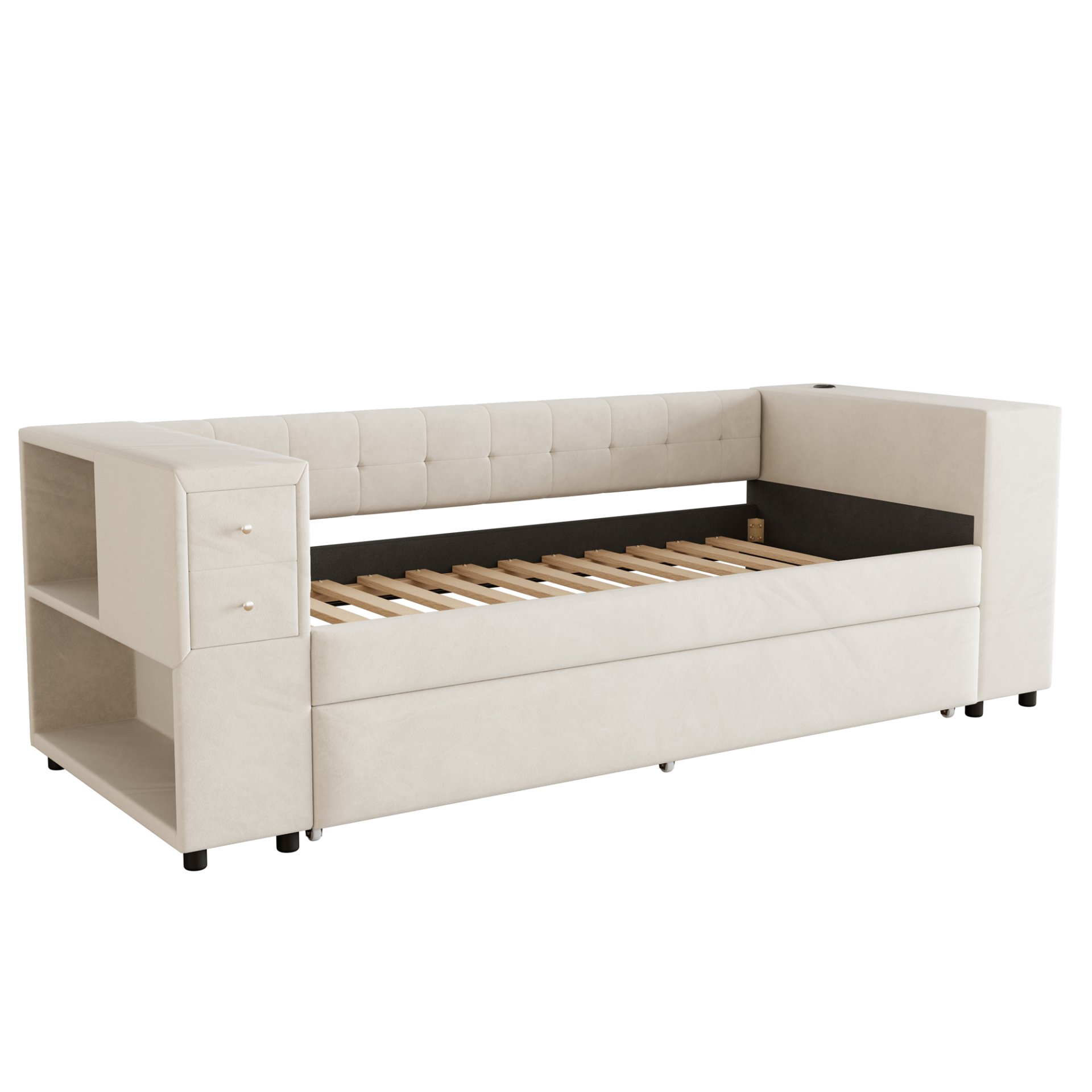 Twin Upholstered Bed With Storage And Twin Trundle, USB Charging Ports - Beige - Image 8