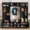 Wide Hall Tree With Shoe Storage, 4 In 1 Entryway Bench With 8 Cubbies, 7 Coat Hooks & Adjustable Shelf For Hallway - Black - Image 4