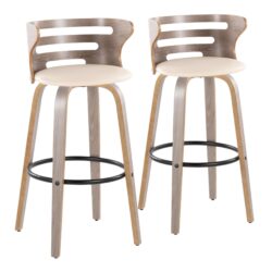 Cosini - Mid-Century Modern Fixed Height Barstool & Swivel And Round Footrest (Set of 2) - Light Gray / Cream