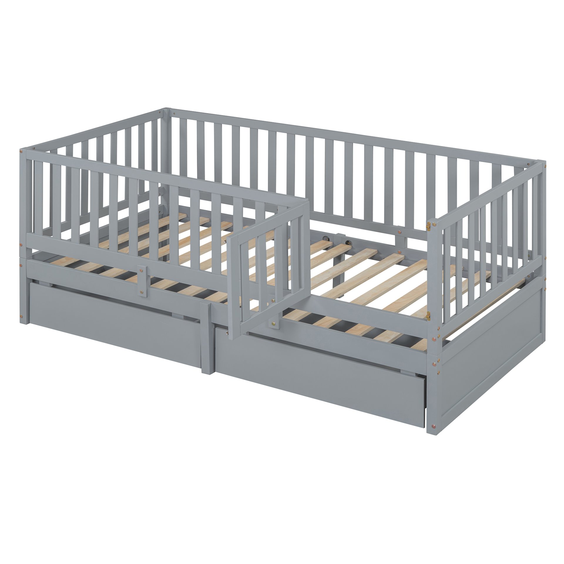Twin Size Daybed With Fence Guardrails And 2 Drawers, Split Into Independent Floor Bed & Daybed - Gray - Image 6