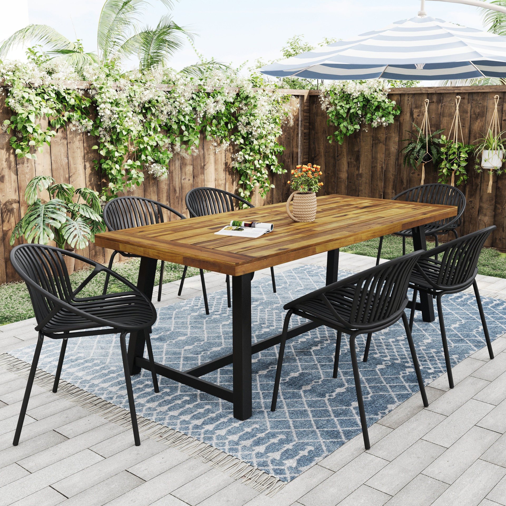 Modern Simple Art Style Patio Dining Chairs With Breathable Design, Metal Legs And Plastic Backrest (Set of 2) - Black - Image 5