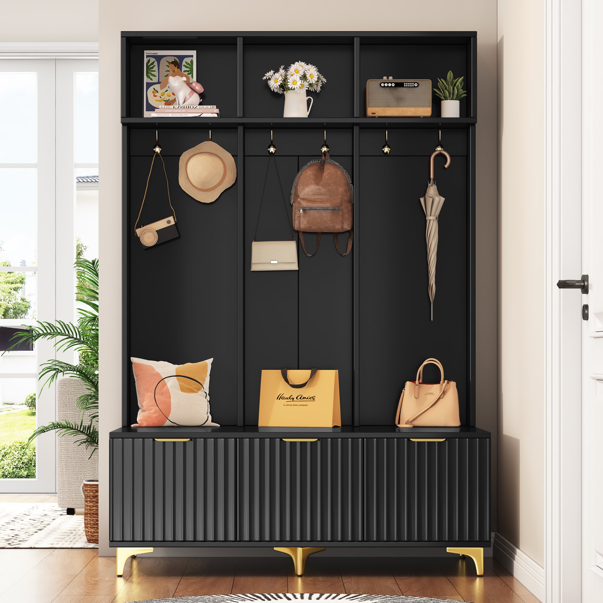 Modern Large Storage Hall Tree With Bench, Luxurious Coat Rack With 6 Hooks And Legs For Entryway, Living Room - Black / Gold - Image 5