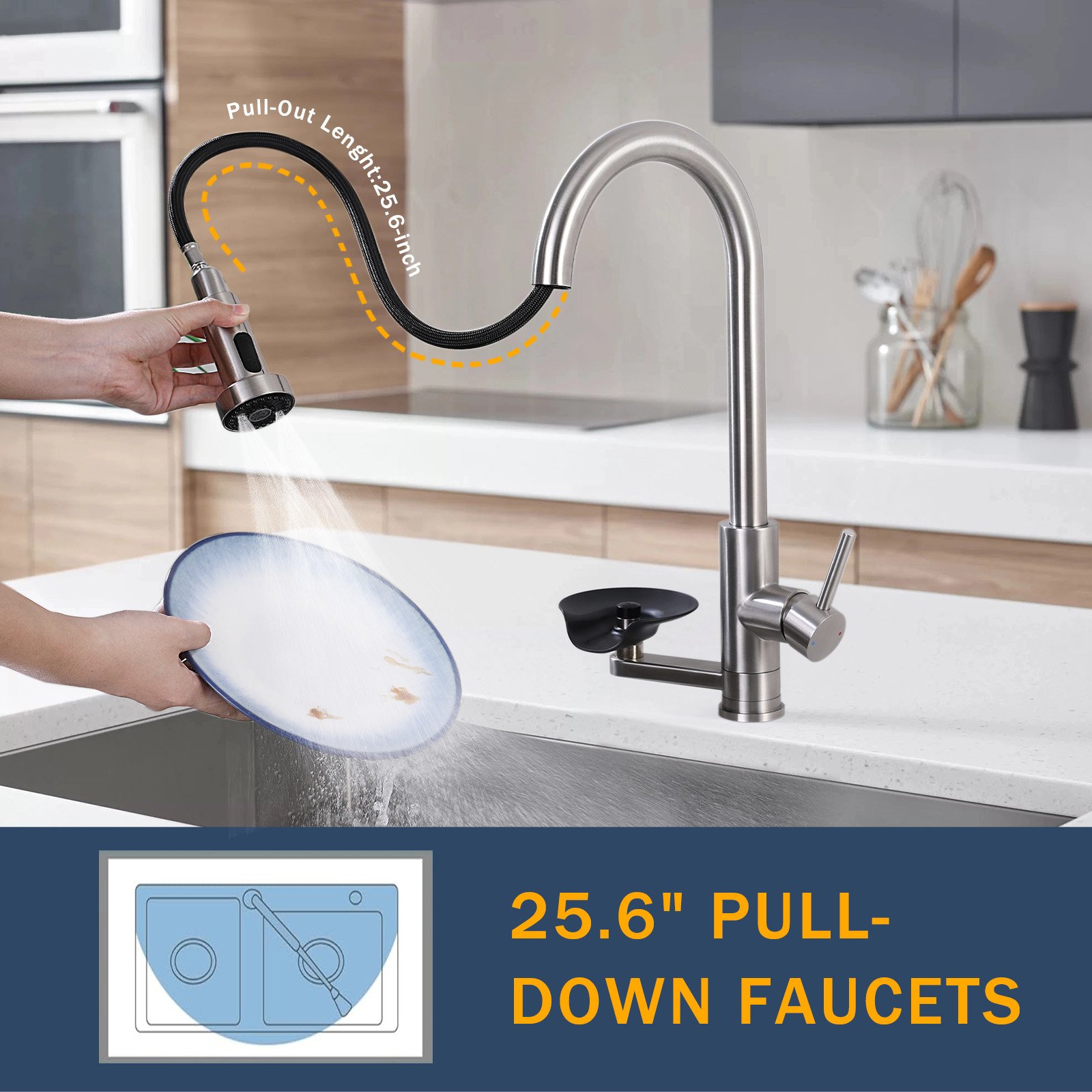3 In 1 Kitchen Faucet With Press Type Glass Rinser, High Arc Pull Down Sprayer, 3 Function Spray Mode - Brushed Nickel - Image 6