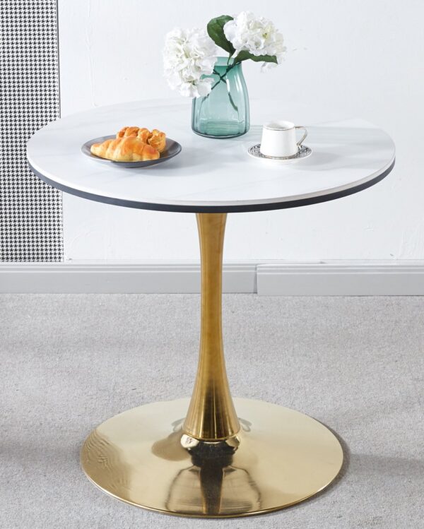 Tulip Table Mid-Century Dining Table For 2 - 4 People With Round MDF Table Top, Pedestal Dining Table, End Table Leisure Coffee Table, Ceramic And MDF Top - Golden / White