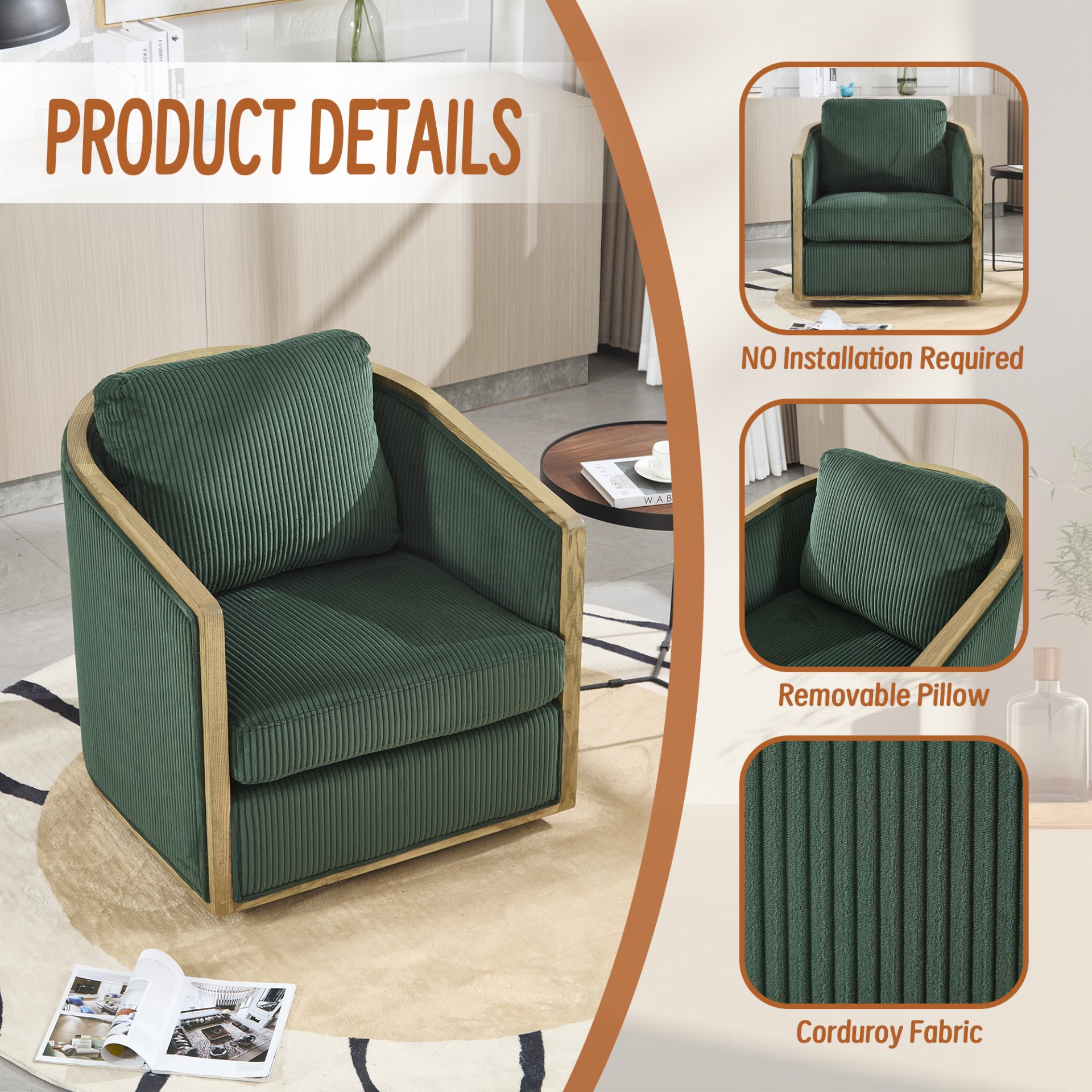 Corduroy Swivel Barrel Chair, Comfortable Accent Sofa Chair With 360 Degree Swivel For Living Room - Emerald - Image 5