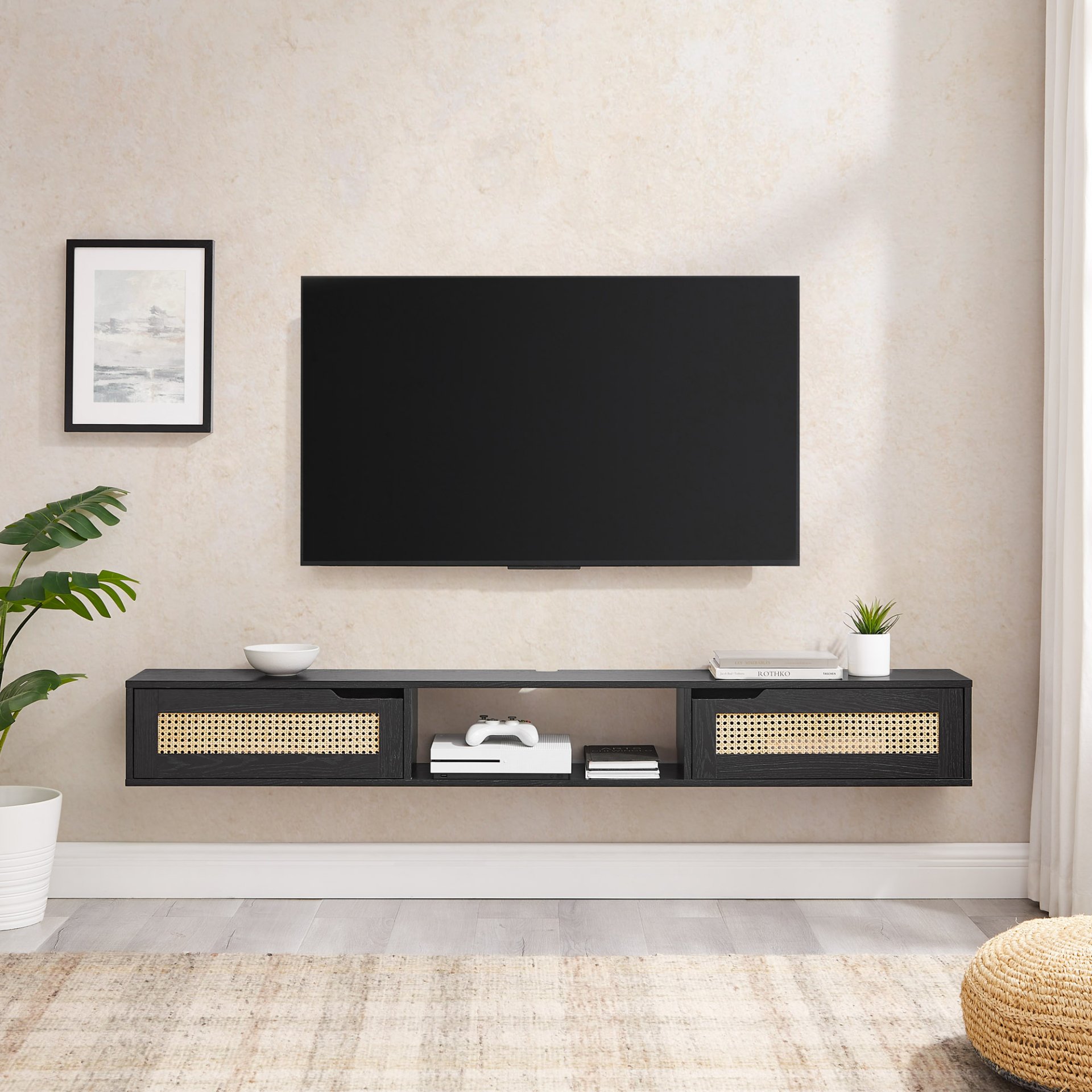 Modern Rattan Door Floating TV Stand For TVs Up To 80" - Black - Image 2