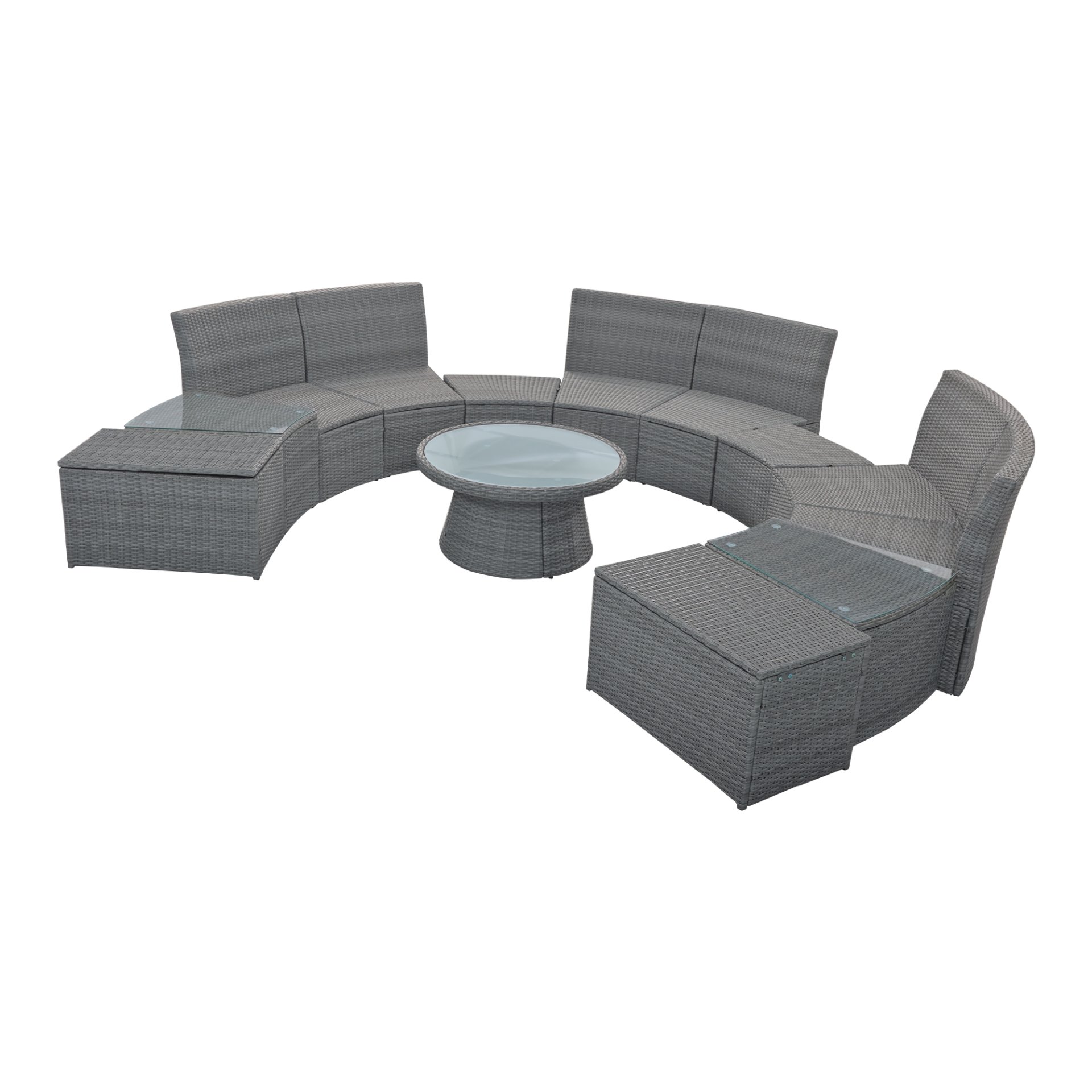 10 Piece Outdoor Sectional Half Round Patio Rattan Sofa Set, Wicker Conversation Furniture Set For Free Combination - Light Gray - Image 16