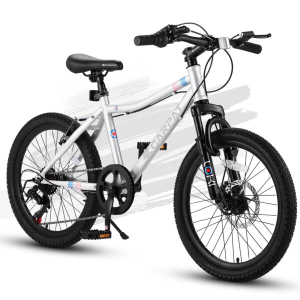 S20101 20" Kids' Bike, Boys Girls Mountain Bike Ages 8-12, 7 Speed Teenager Children Kids' Bicycles, Front Suspension Disc Brake Rear V-Brake, High Steel Frame - White