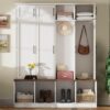 Farmhouse Hall Tree With 4 Hidden Hanging Hooks, Versatile Seating Bench With 8 Doors, Entryway Shoe Cabinet With Open Compartments For Living Room - White - Image 4