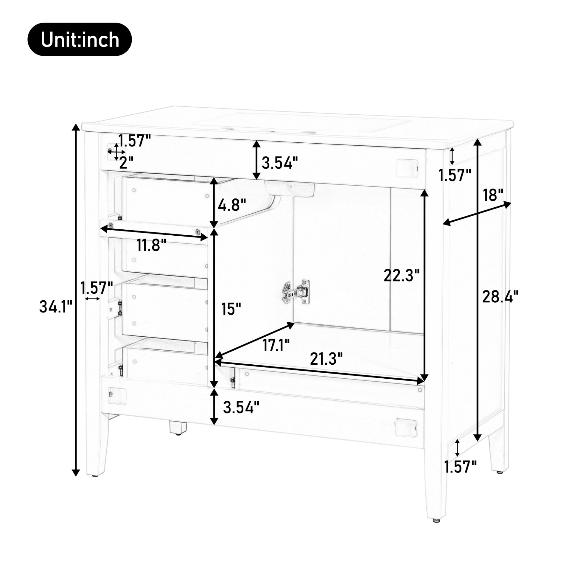 Elegant Vintage 36" Bathroom Vanity With Sink, Soft Closing Door, 4 Drawers Of Different Sizes Frame And Leg - Blue - Image 9