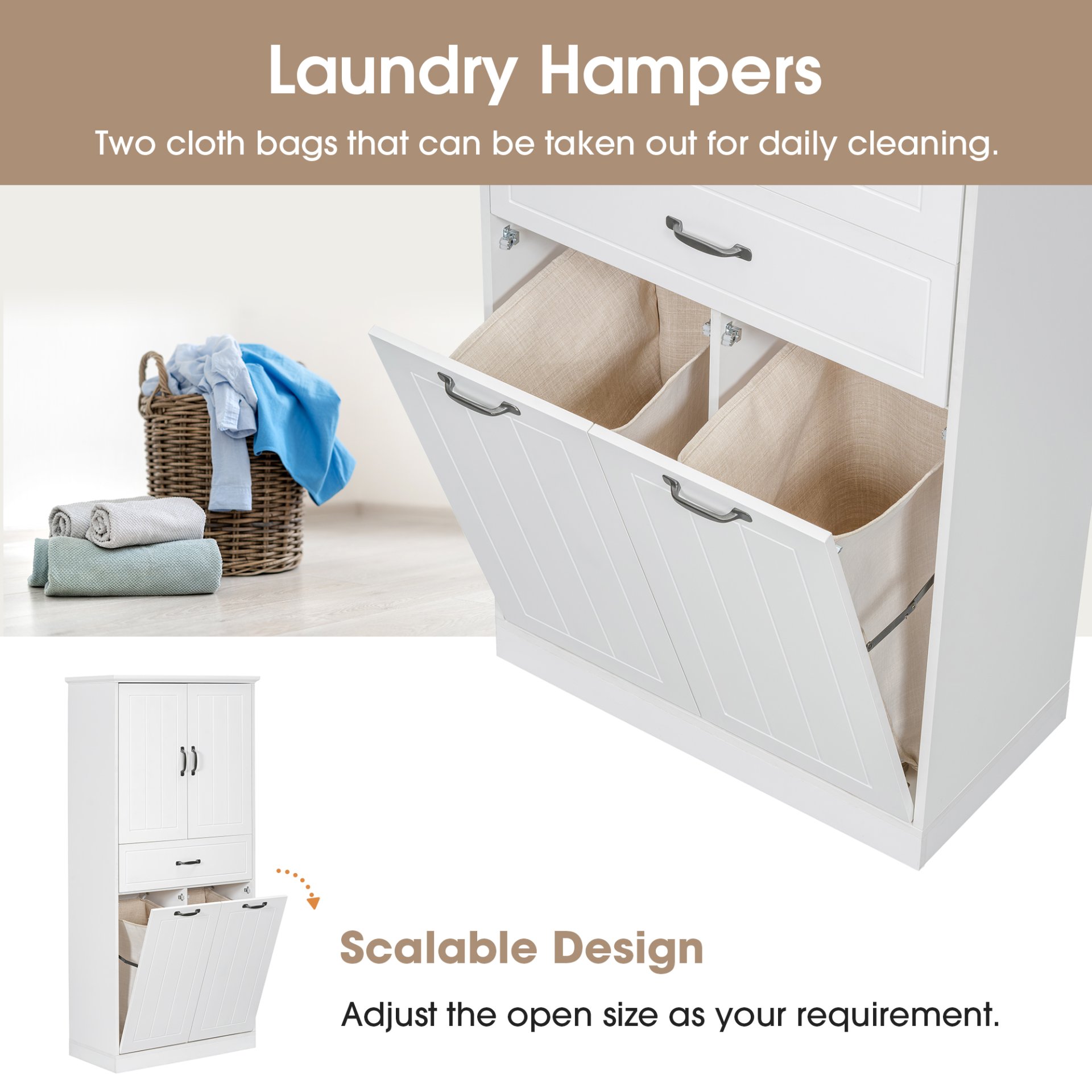 Modern Bathroom Storage Cabinet With 2 Laundry Baskets, 1 Drawer, Adjustable Shelf - White - Image 10