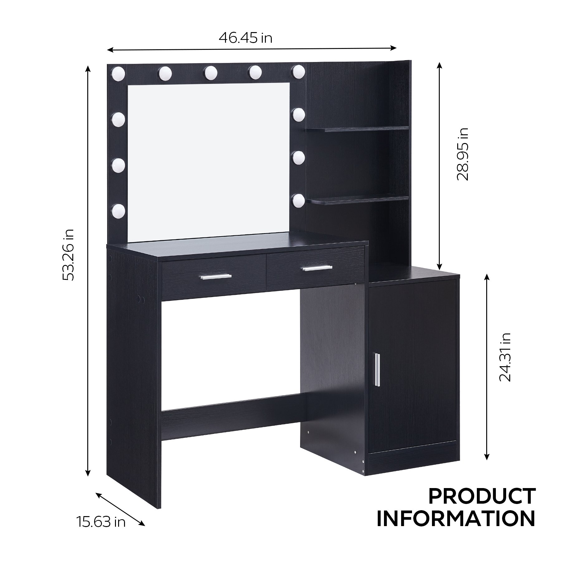 Vanity Desk With Mirror And Lights, 46.4In Dressing Table With 2 Large Drawer & Large Vertical Organizer, 3 Level Dresser & 3 Lighting Modes Adjustable Brightness, Suitable For Bedroom - Black - Image 3