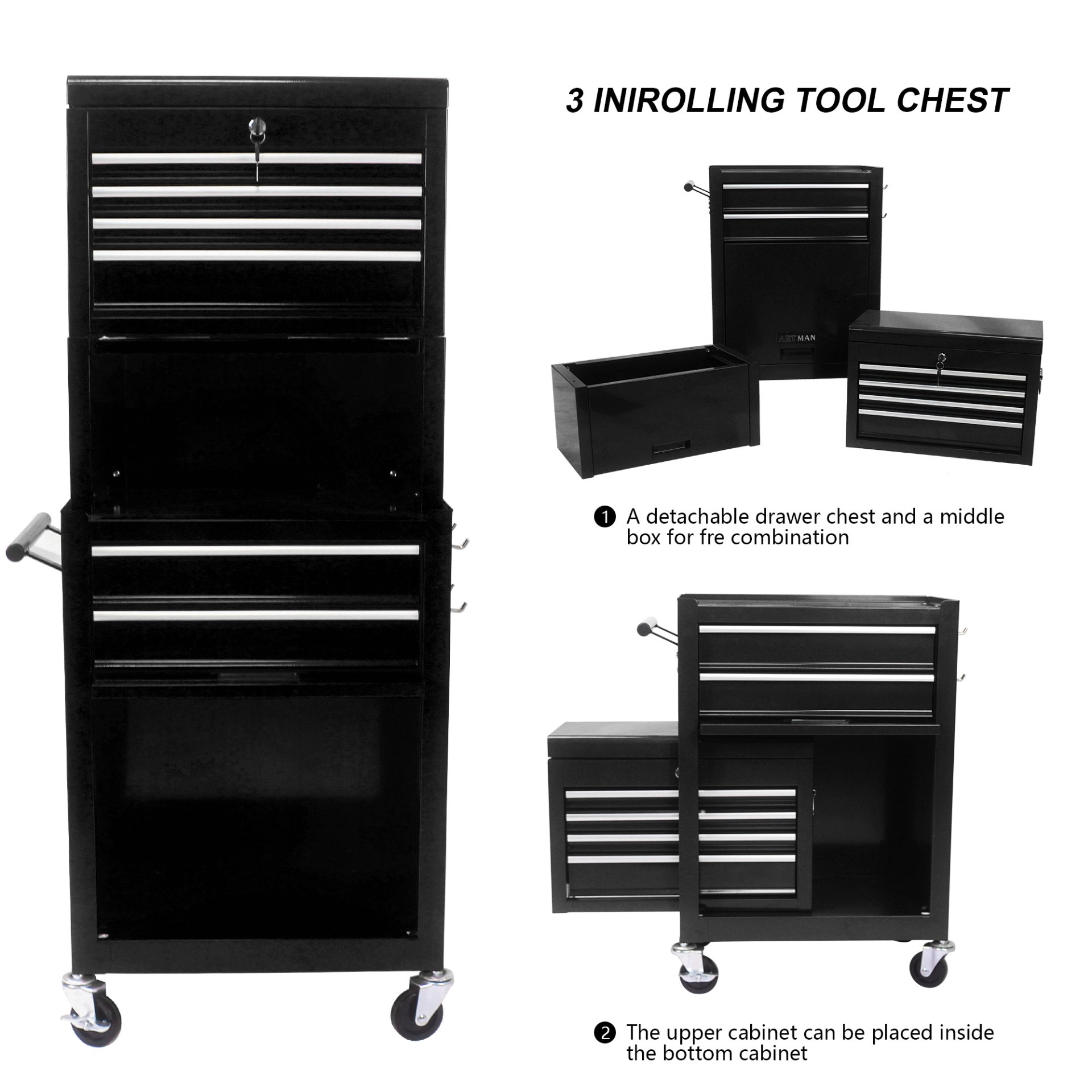 6 Drawer Lockable Tool Cabinet On Wheels Steel Rolling Tool Chest With Detachable Toolbox, 2 In 1 Garage Workshop Storage Organizer With 4 Universal Casters - Black - Image 12