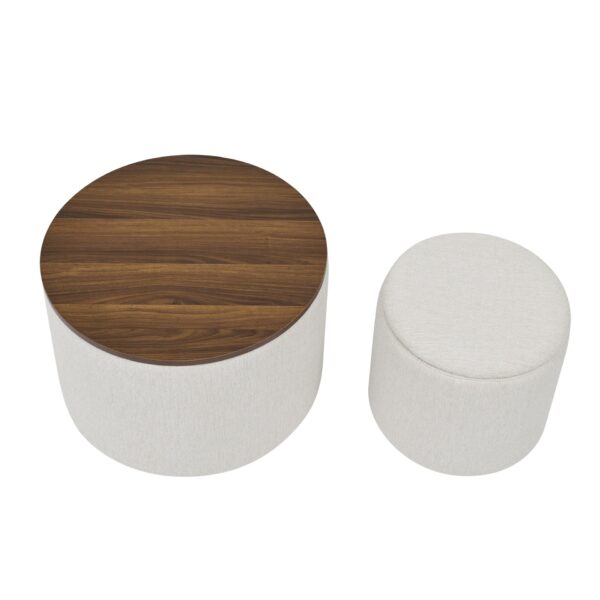 Classic 2 Piece Round Chenille Storage Ottoman Set With Drum Shaped Stool And Desktop Panel - Beige