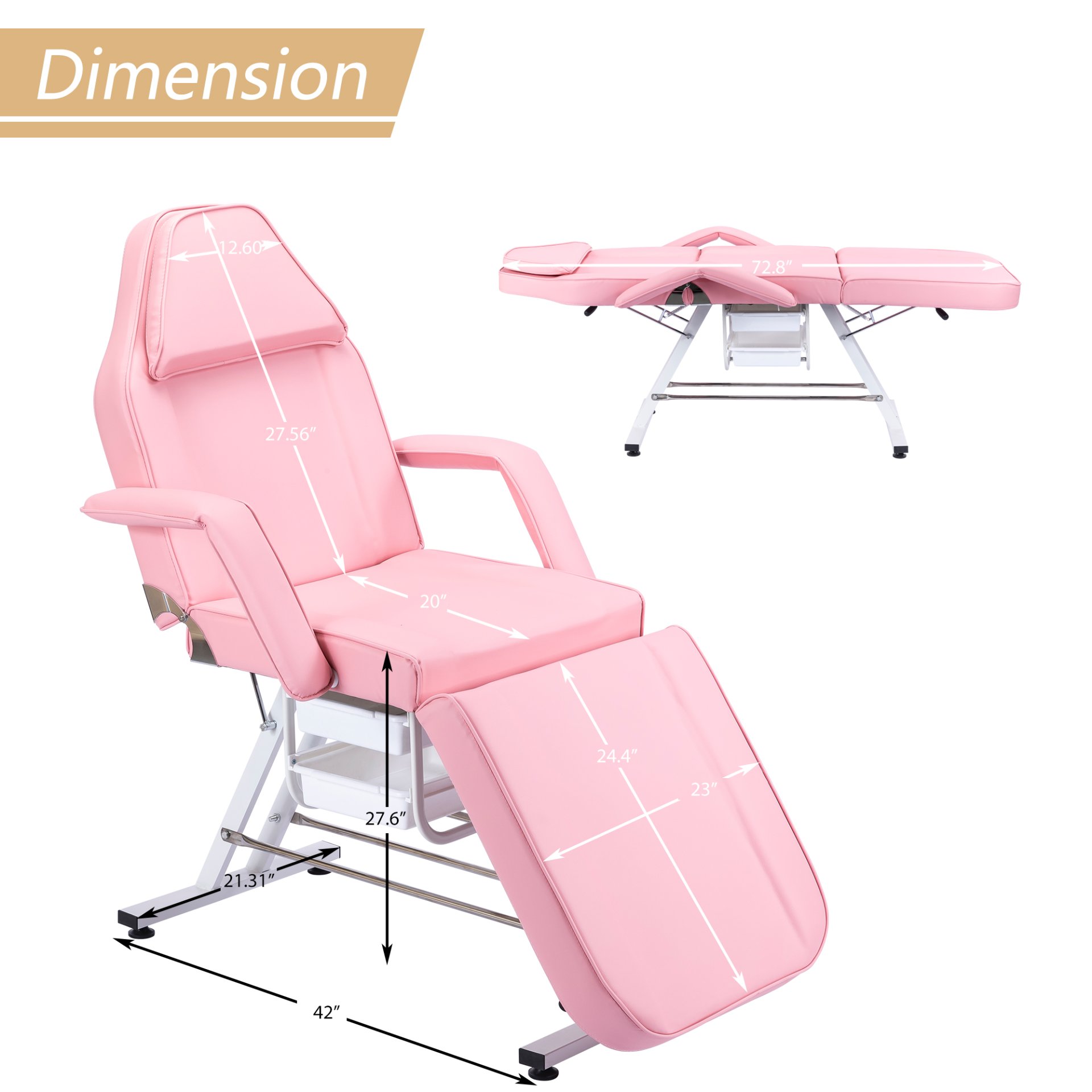 72.8" Massage Salon Tattoo Chair With Two Trays Esthetician Bed With Hydraulic Stool, Multi-Purpose 3-Section Facial Bed Table, Adjustable Beauty Barber Spa Beauty Equipment - Pink - Image 5
