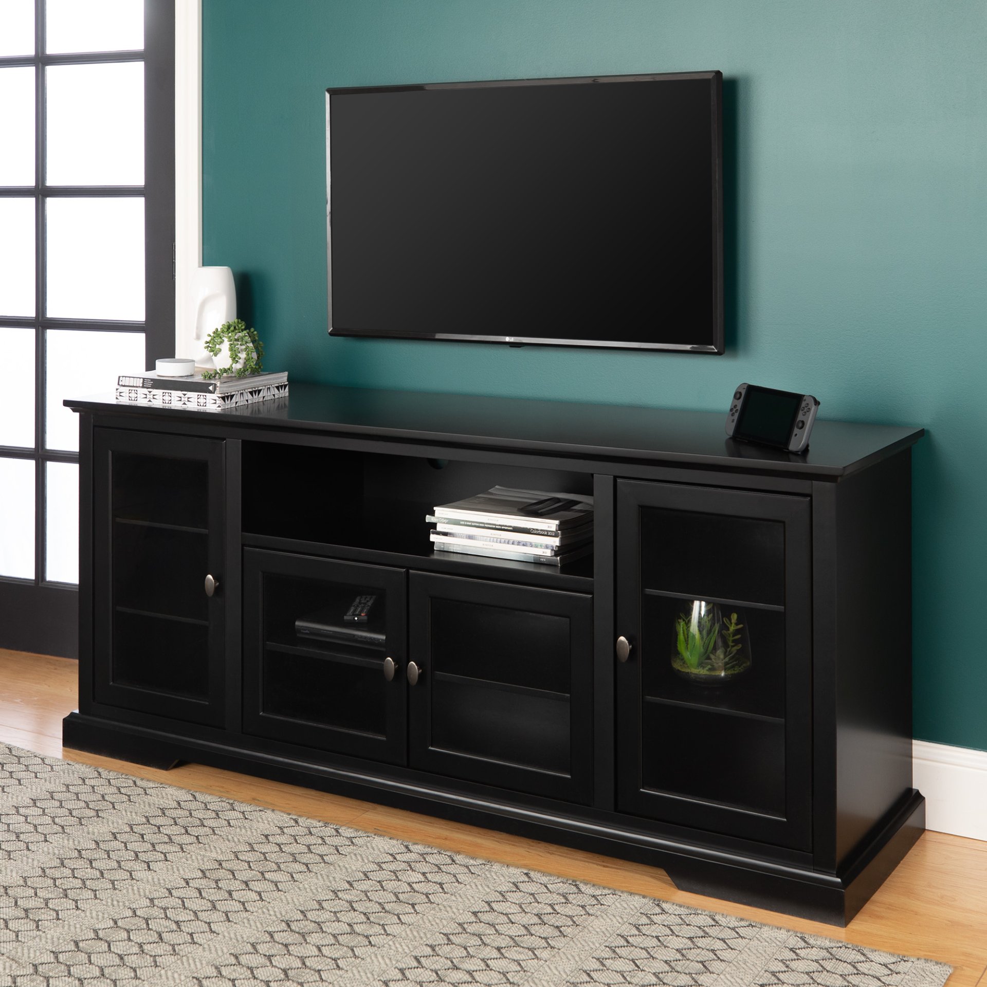 Transitional Classic 70" TV Stand For 80" TVs With 4 Glass Doors - Black - Image 2