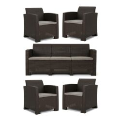 Outdoor Faux Wicker Rattan Style Chat Set With Water Resistant Cushions, 5 Pieces Set - Brown / Mix Beige