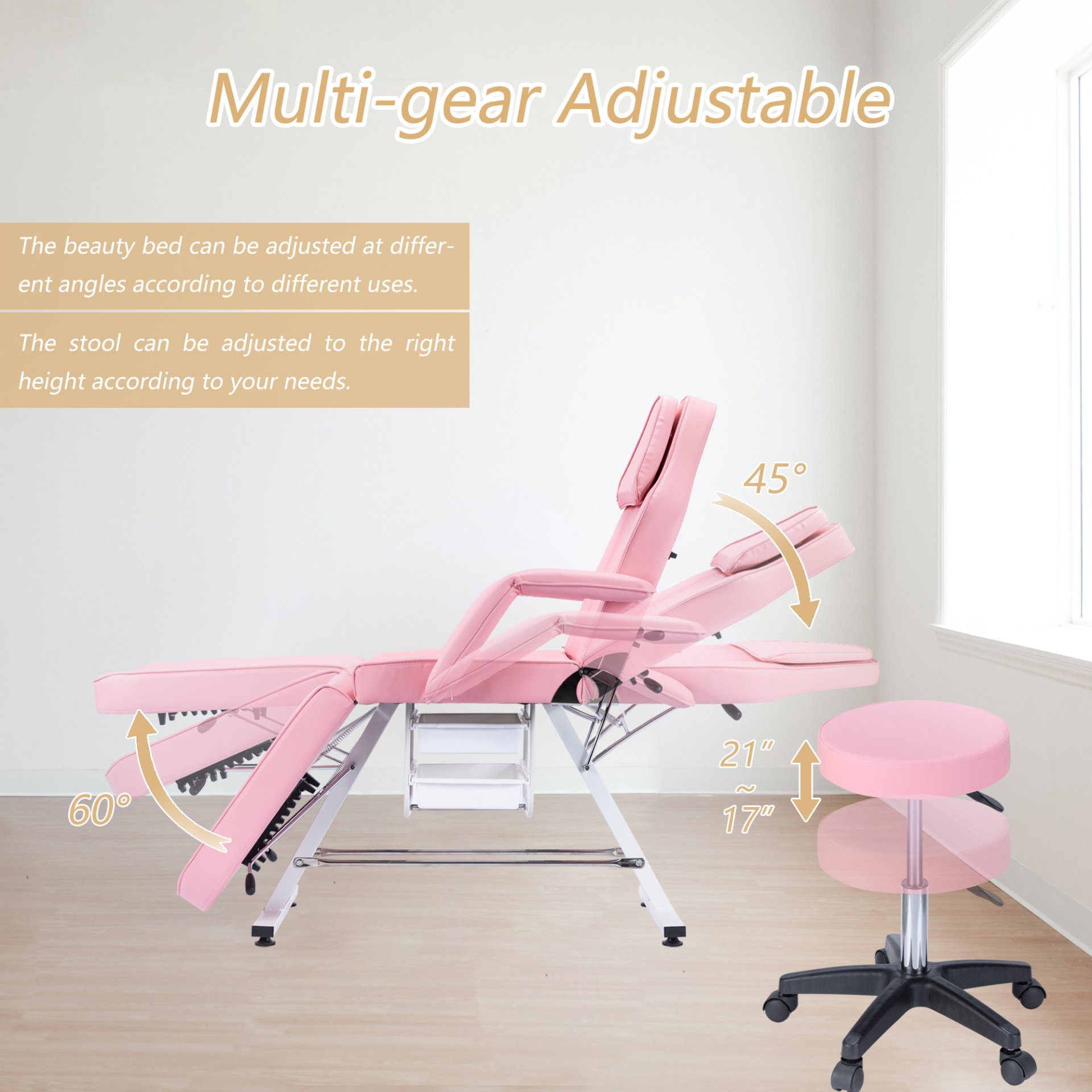 72.8" Massage Salon Tattoo Chair With Two Trays Esthetician Bed With Hydraulic Stool, Multi-Purpose 3-Section Facial Bed Table, Adjustable Beauty Barber Spa Beauty Equipment - Pink - Image 2