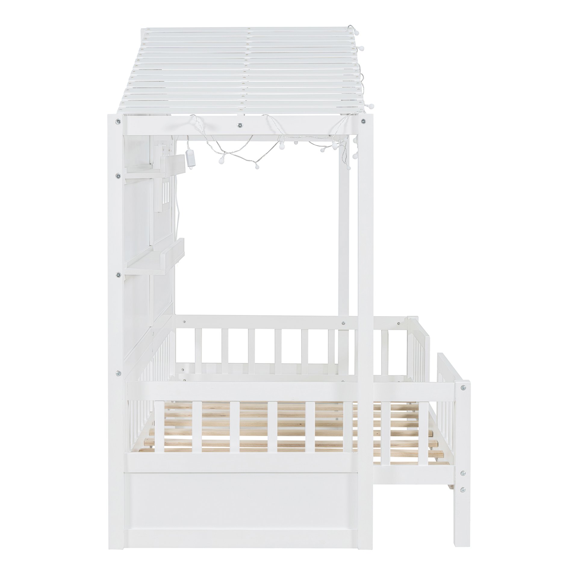 Twin Size House Bed With Shelves, Window And Sparkling Light Strip On The Roof - White - Image 13