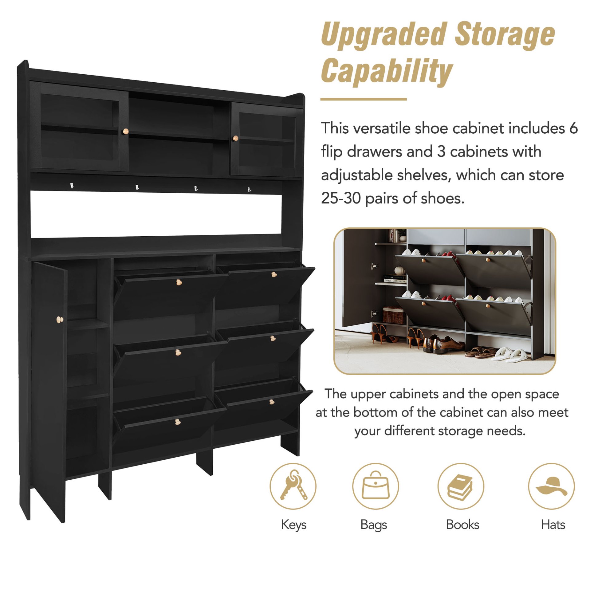 Multifunctional Tipping Bucket Shoe Cabinet With Storage Shelf & 6 Flip Drawers, Large Hall Tree With Tempered Glass Doors, Foyer Cabinet With 4 Hooks For Hallway - Black - Image 9
