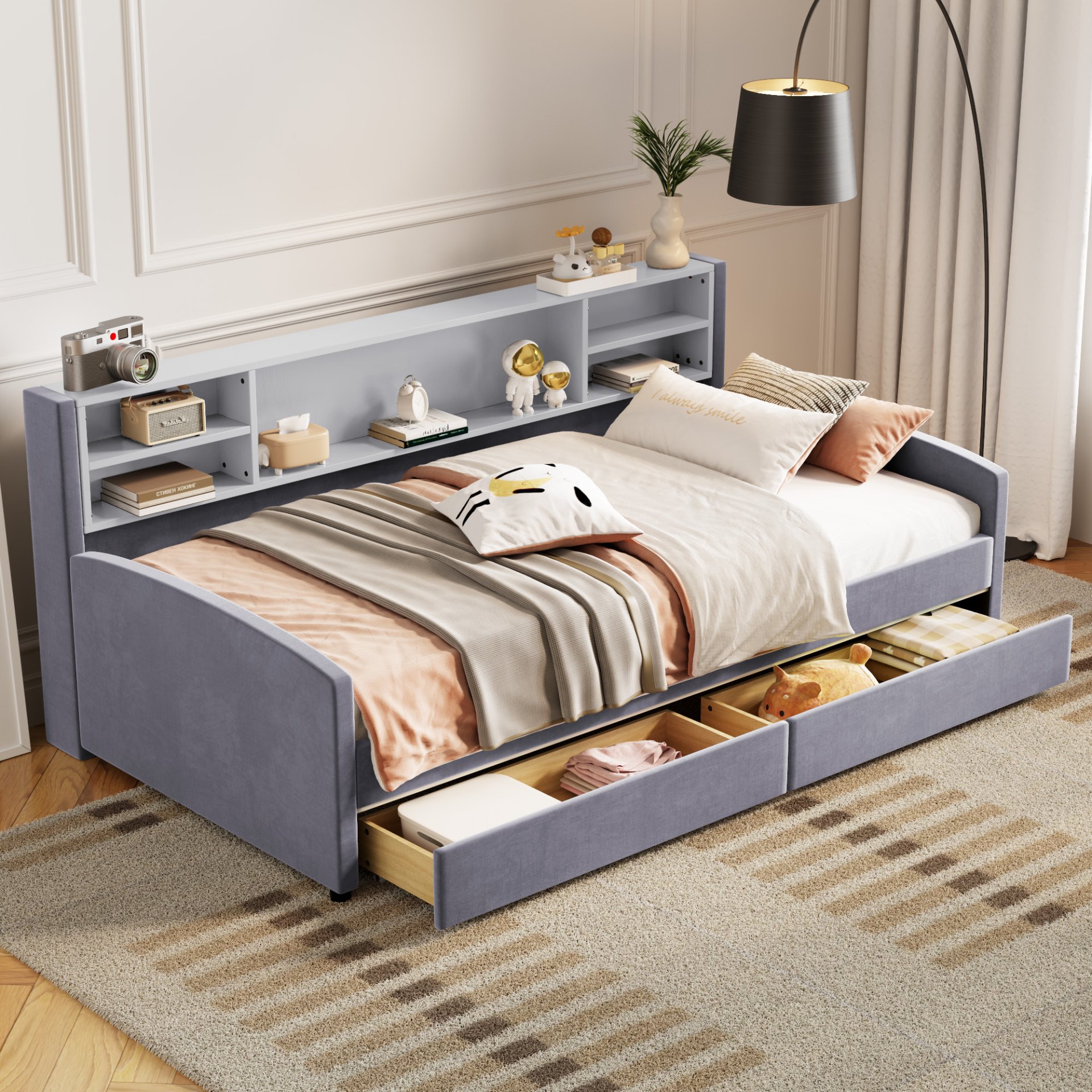 Twin Size Upholstered Platform Bed With Storage Drawers And Headboard - Gray - Image 5