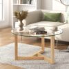 Round Glass Coffee Table Modern Cocktail Table With Tempered Glass Top & Sturdy Wood Base - Natural - Image 4