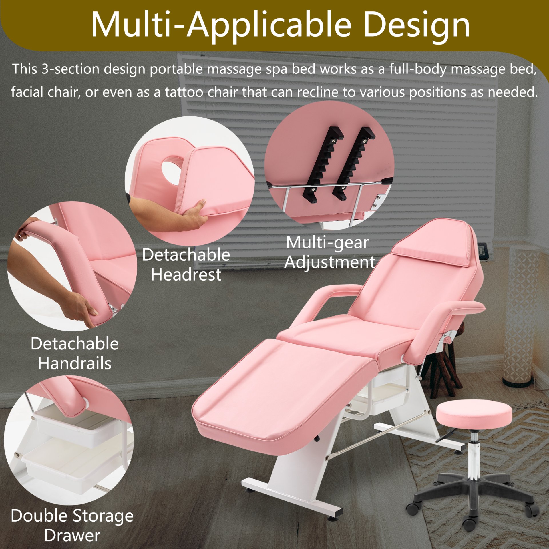 Massage Salon Tattoo Chair With Two Trays Esthetician Bed With Hydraulic Stool, Multi-Purpose 3-Section Facial Bed Table, Adjustable Beauty Barber Spa Beauty Equipment - Pink - Image 4