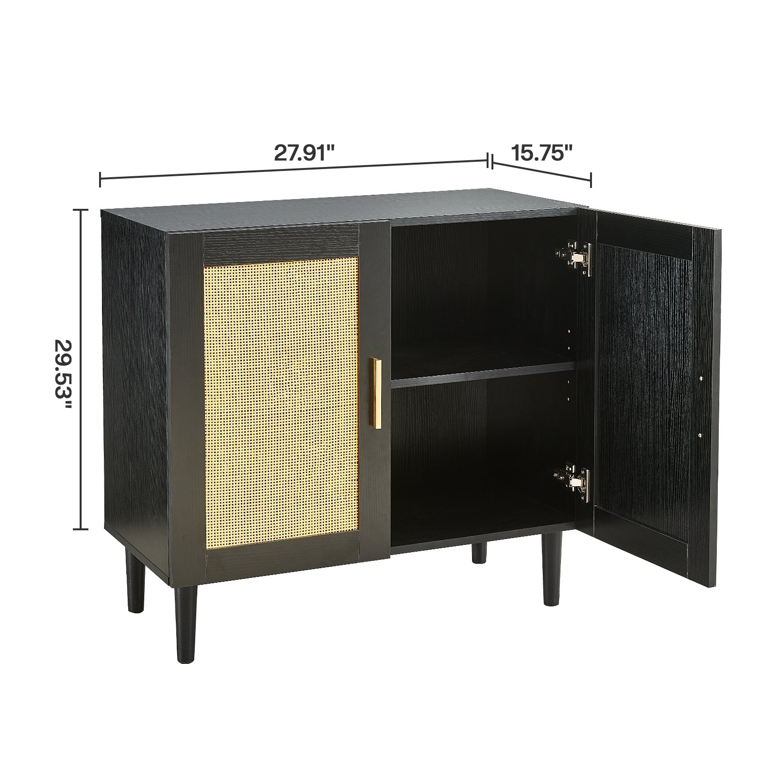Side Panel Buffet Cabinet With Natural Rattan Door, Rattan Storage Cabinet With Adjustable Shelves, Side Panel And Buffet With Storage Space, Modern Console Cabinet In Bedroom And Living Room - Black / Beige - Image 7