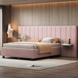 Full Size Upholstered Platform Bed With Big Headboard - Pink