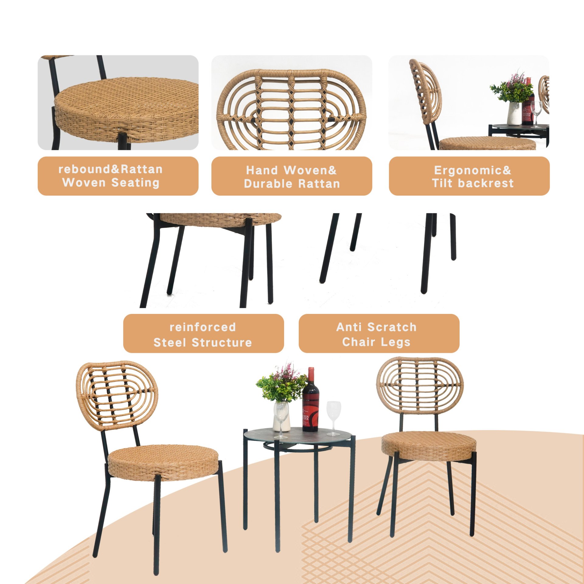 3 Pieces Of Luxury Outdoor Wicker Furniture Patio Bistro Style Table And Chair Combination, Weather Resistant PE Wicker Weave, Suitable For Garden - Black / Natural - Image 6