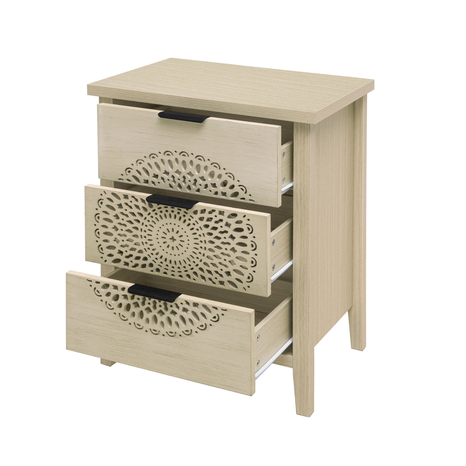 Hollow Carved 3 Drawer Cabinet Dresser Storage Chest With Metal Handles For Living Room Bedroom - Natural - Image 14