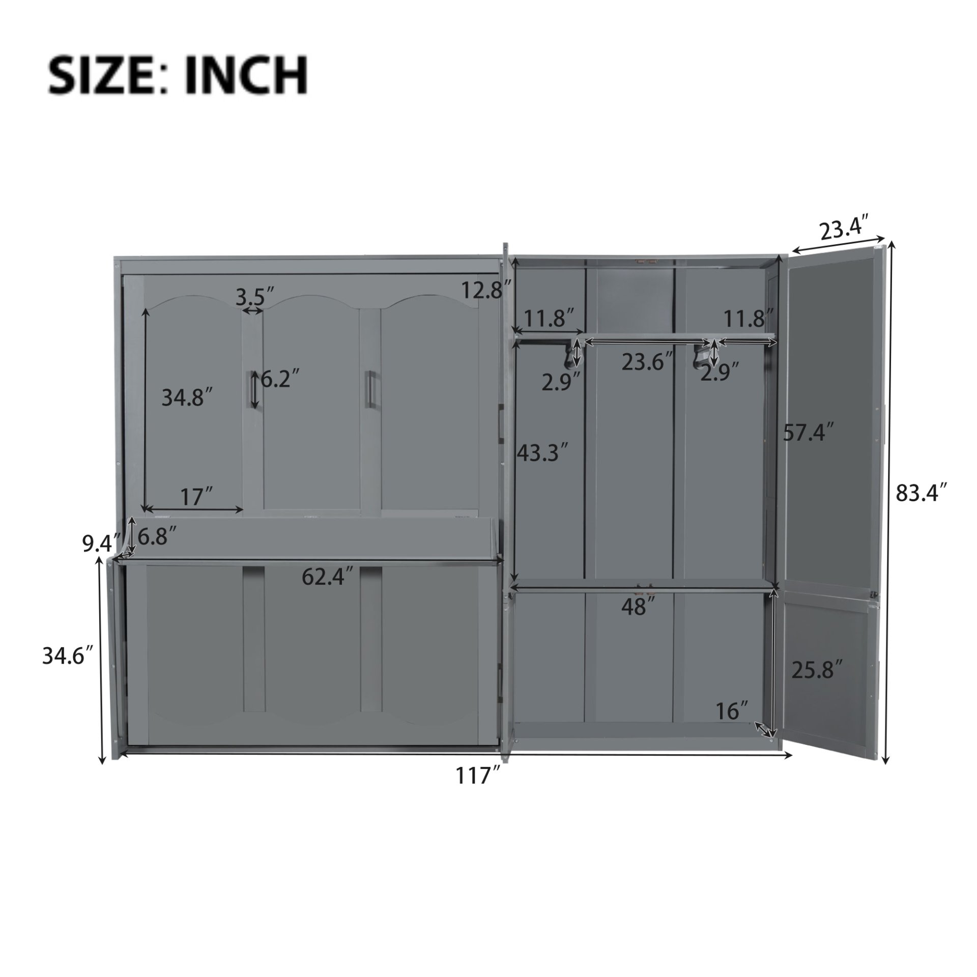 Queen Size Murphy Elegant Wall Bed With Closet - Gray - Image 8