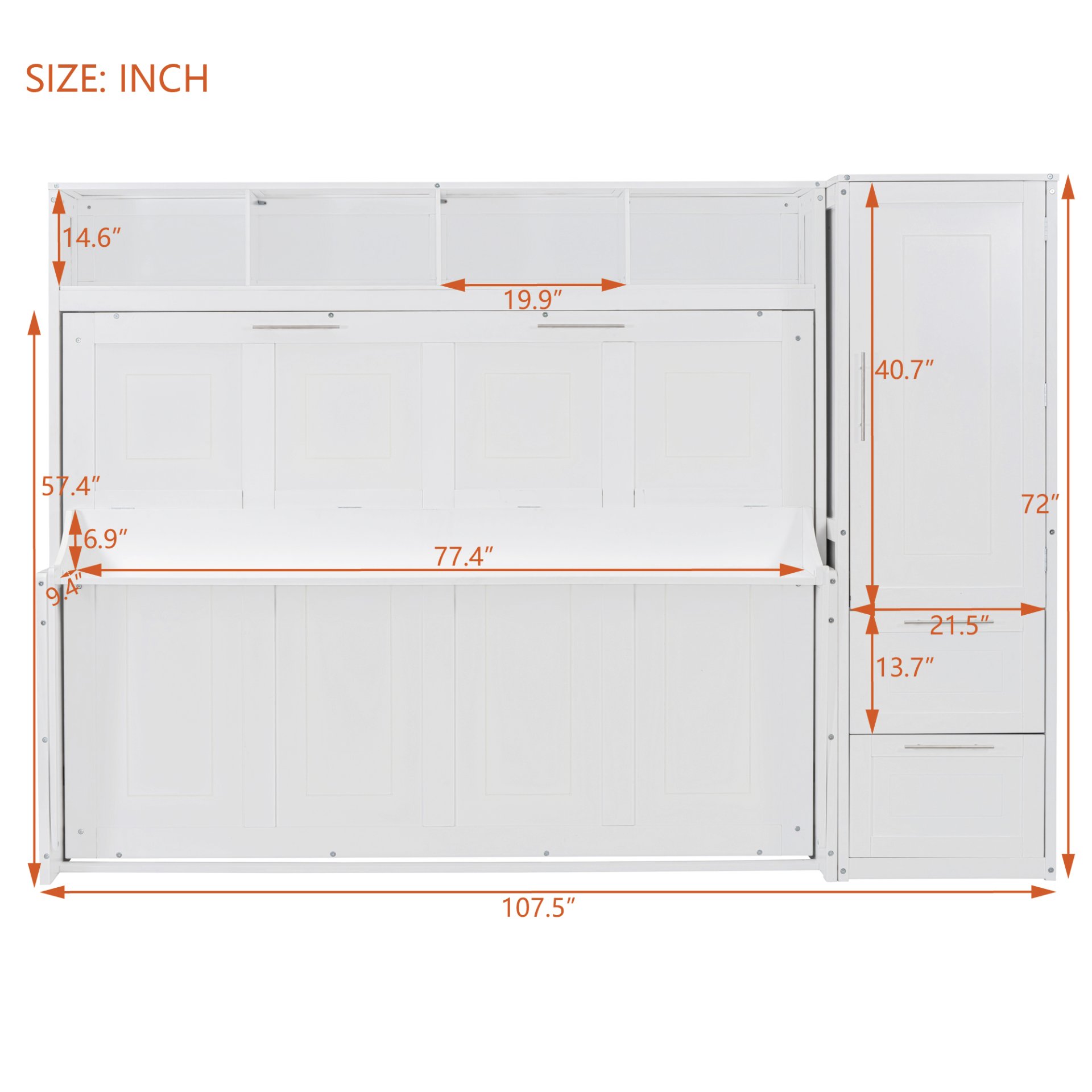 Full Size Murphy Wall Bed With Closet And Drawers - White - Image 7
