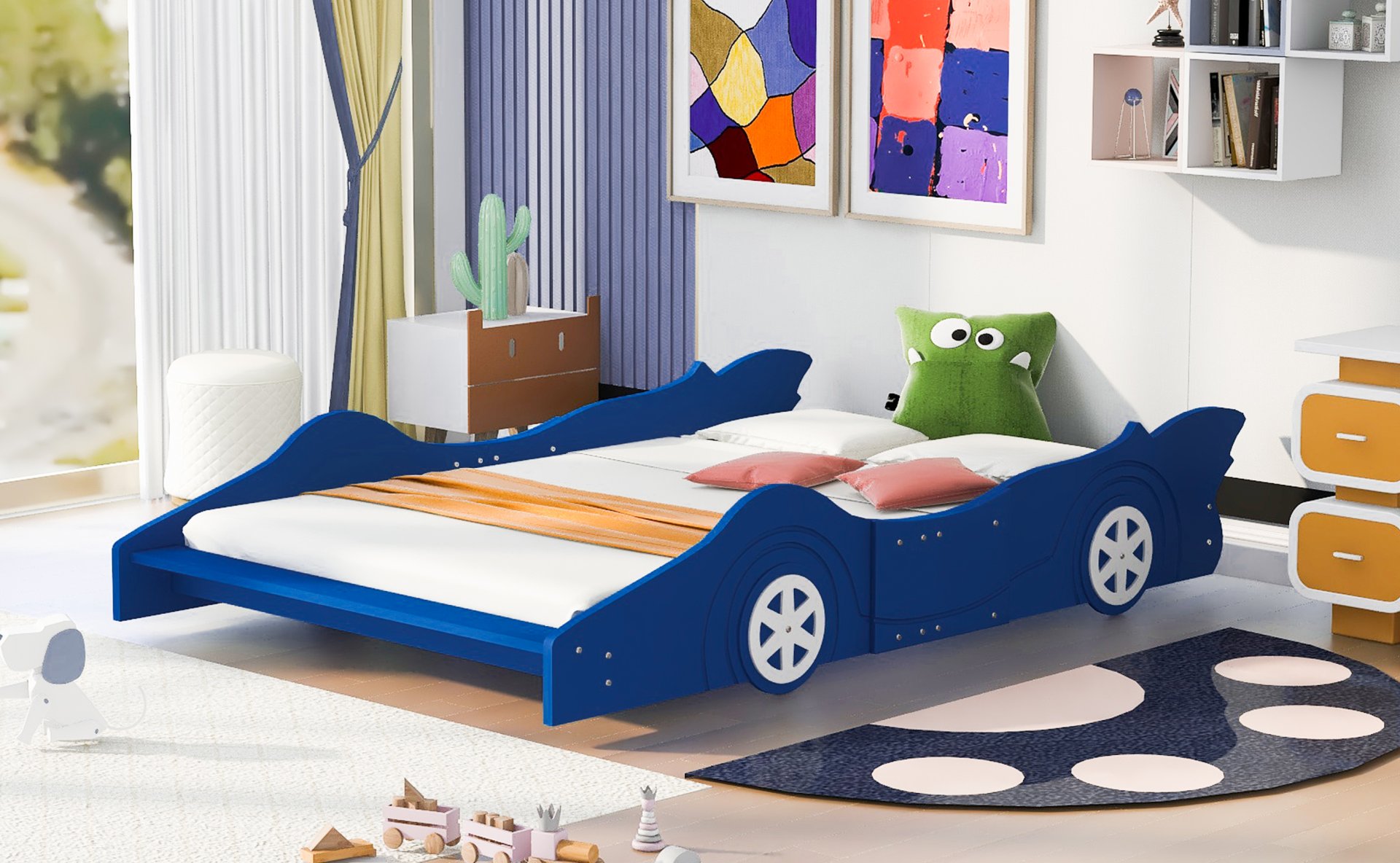 Full Size Race Car-Shaped Platform Bed & Wheels - Blue - Image 11