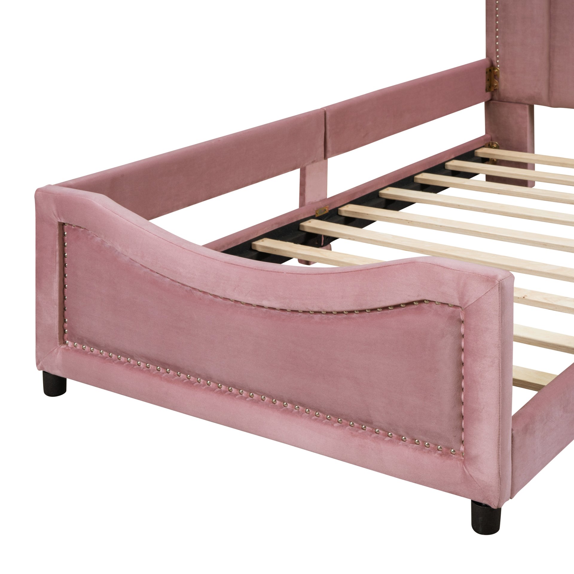 Twin Size Upholstered Daybed With Classic Stripe Shaped Headboard - Pink - Image 9