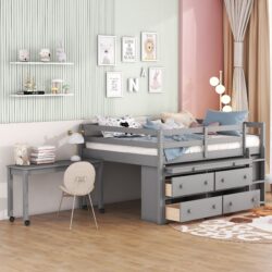 Full Size Loft Bed With Retractable Writing Desk And 4 Drawers, With Lateral Portable Desk And Shelves - Gray