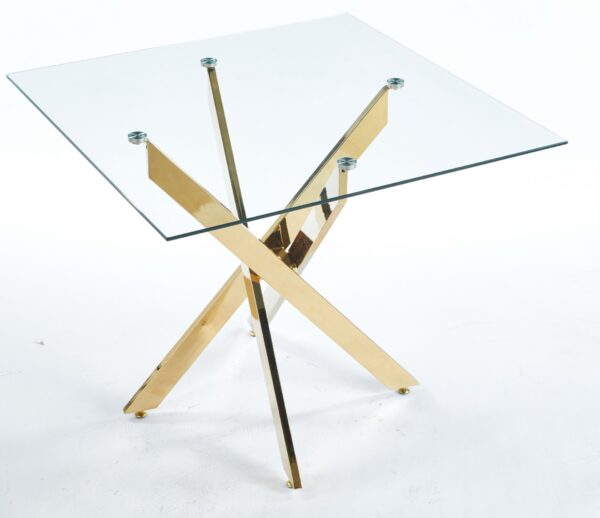 Dining Table With Cross Metal Leg And Tempered Glass, Modern Space Saving Kitchen Table For Living Room, Chrome Legs, Square Table - Golden