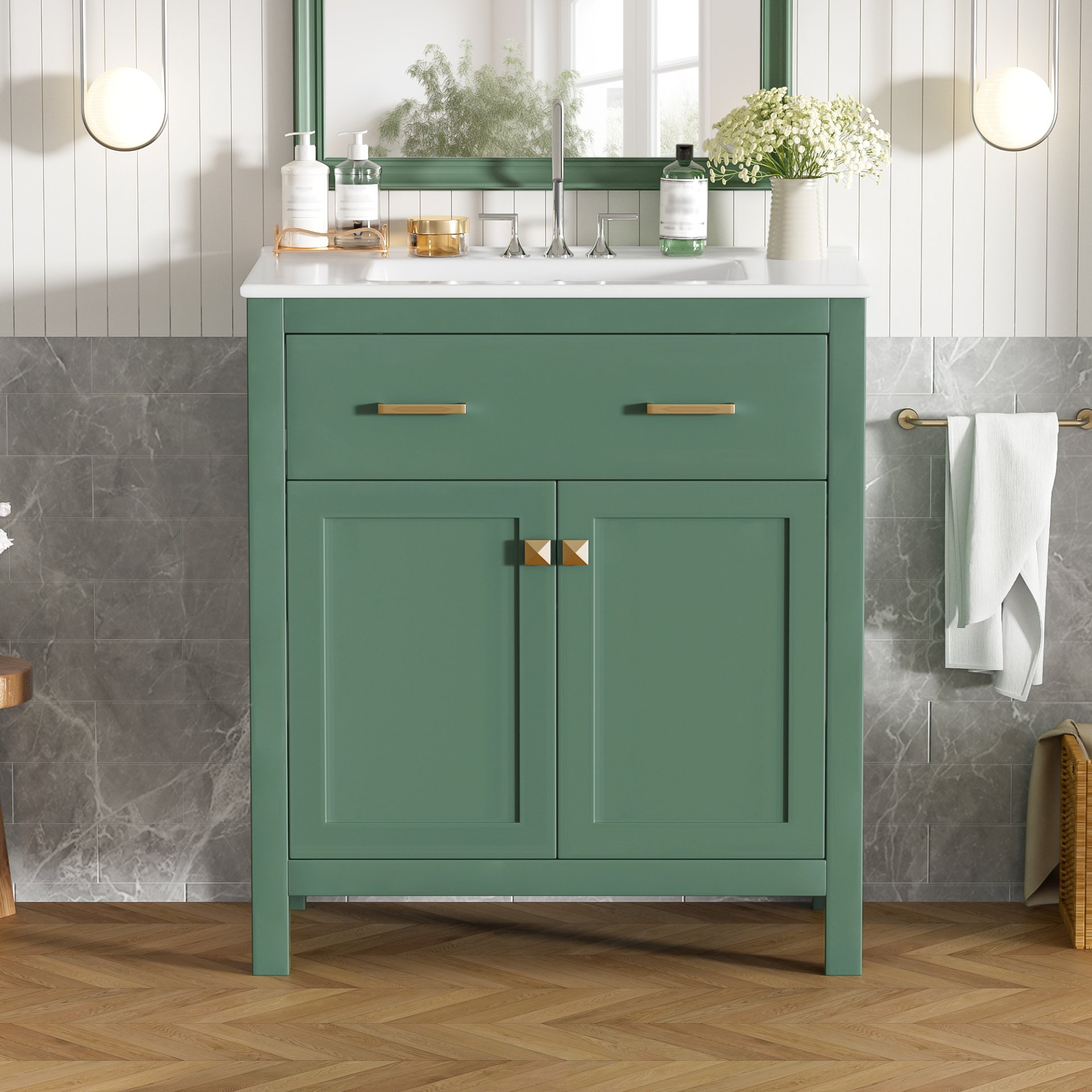 Bathroom Vanity With Ceramic Sink, Modern Single Bathroom Cabinet With 2 Doors And A Shelf, Soft Close Doors - Green - Image 26