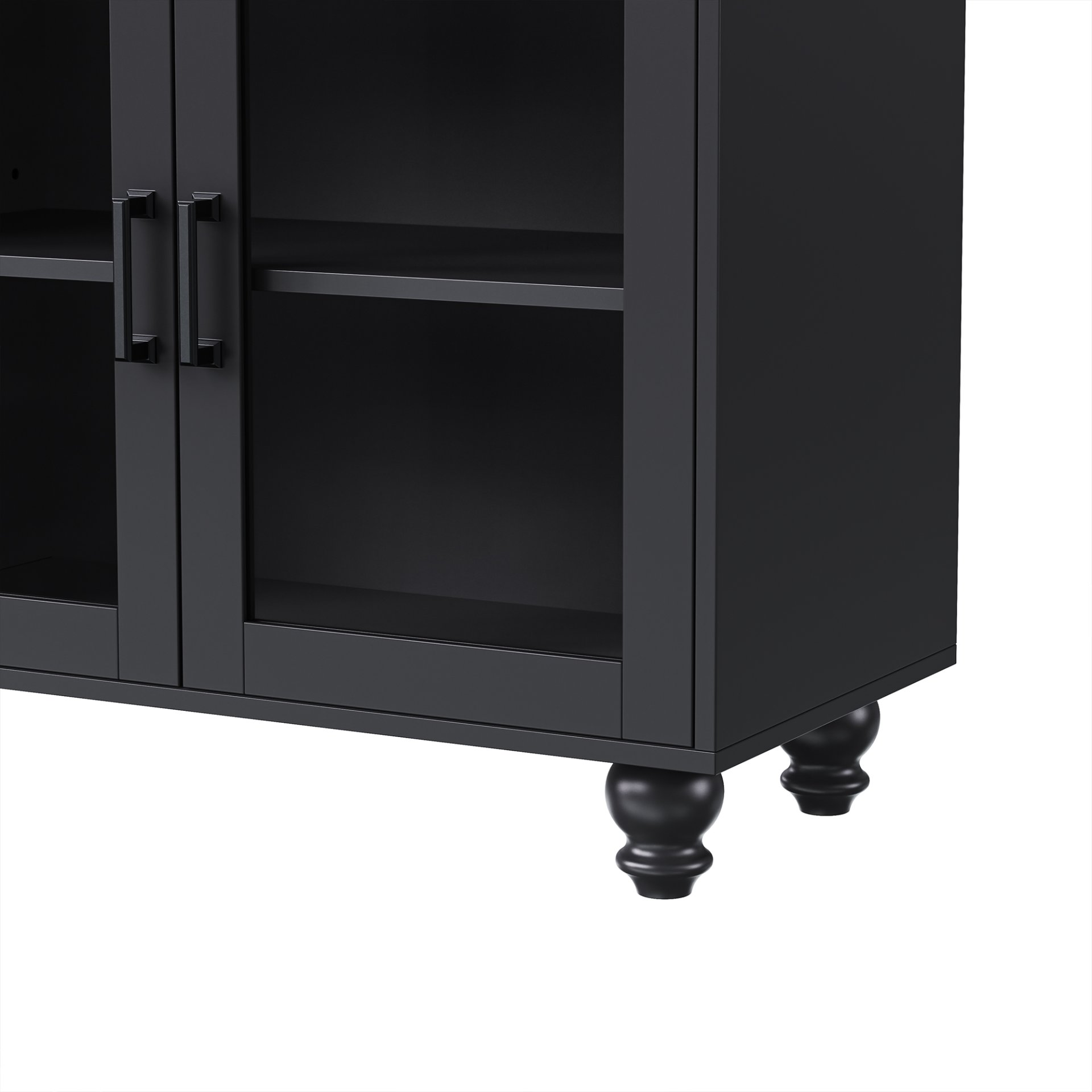Farmhouse TV Stand With Solid Wood Gourd Shaped Legs For TVs Up To 70", Entertainment Center With Bookshelves & Tempered Glass Doors, Media Console With Adjustable Shelves, Living Room - Black / Natural - Image 21