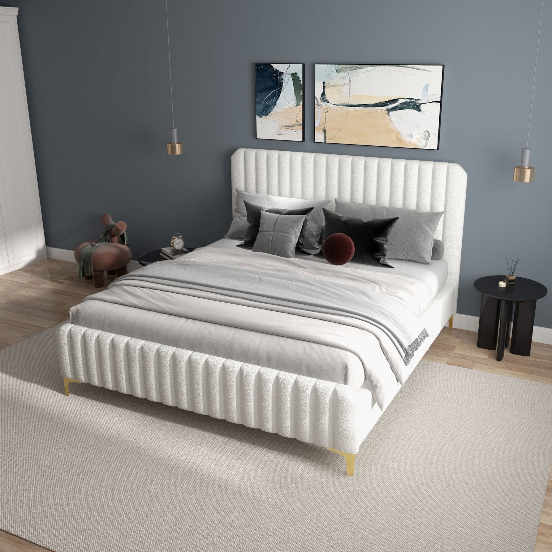 Valery - King Size Platform Bed - Cream - Image 6