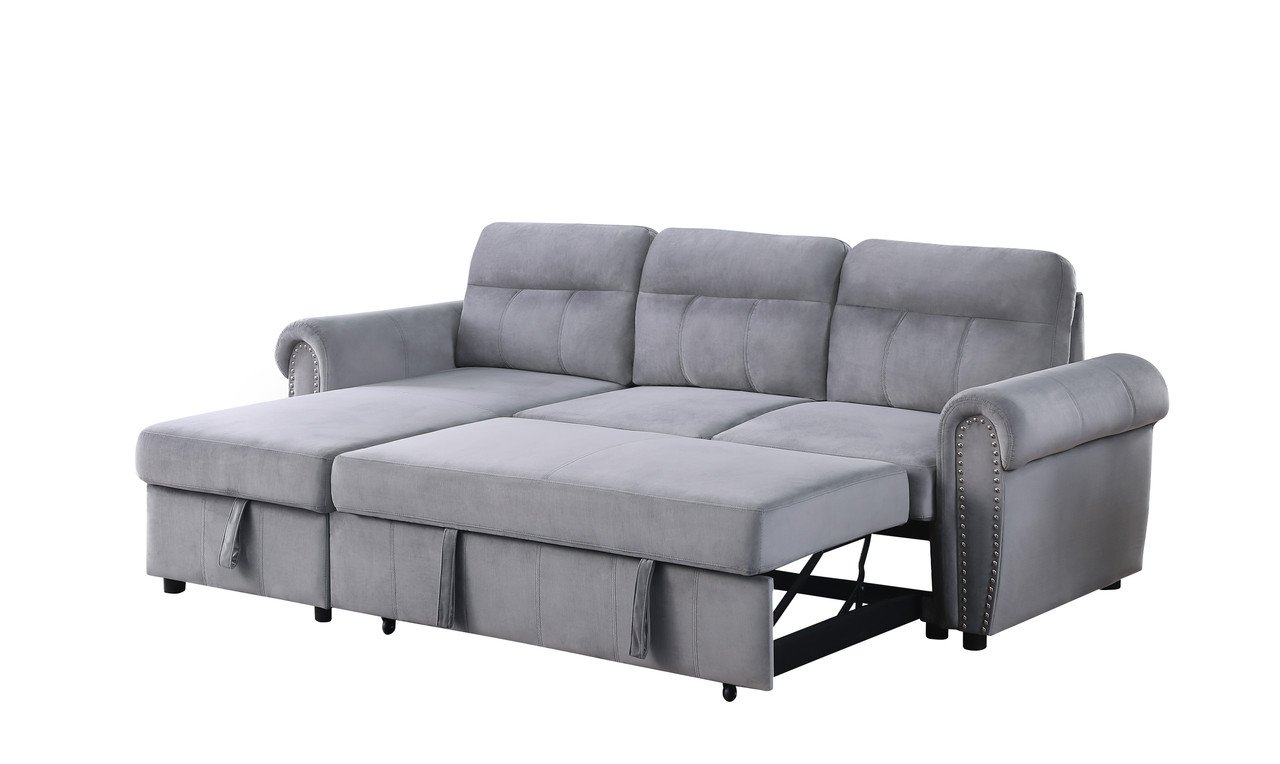 Ashton - Velvet Fabric Reversible Sleeper Sectional Sofa Chaise - Gray - Image 6