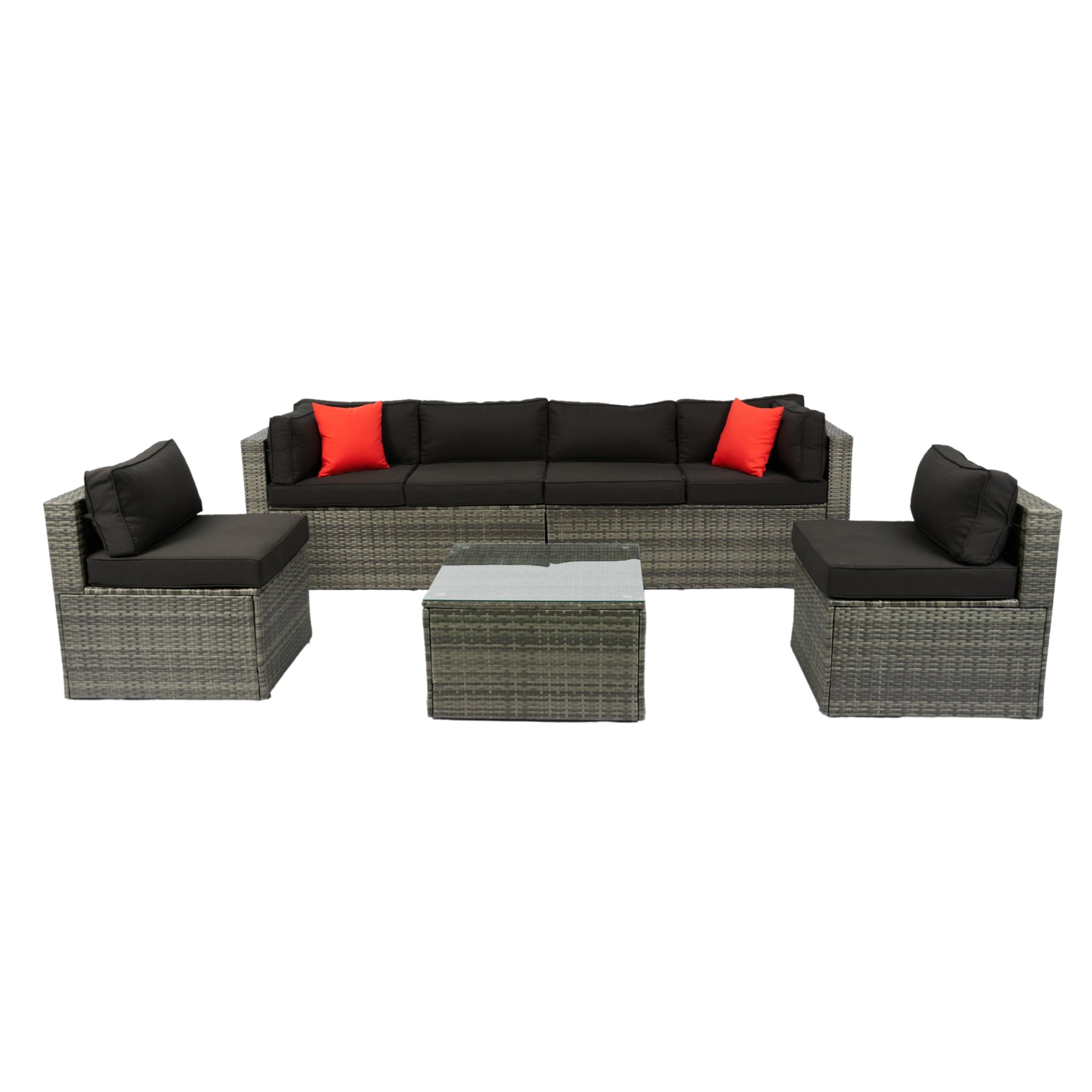 5 Pieces Rattan Sectional Outdoor Furniture Cushioned U Sof Set With 2 Pillow - Gray / Black - Image 7