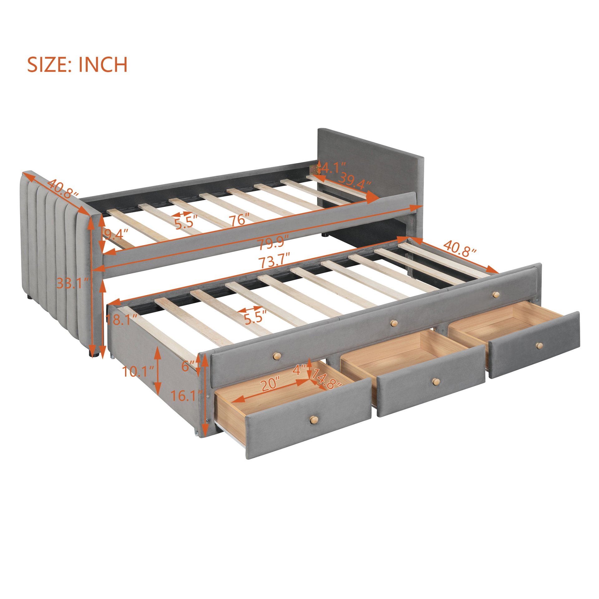 Twin Size Upholstered Daybed With Twin Size Trundle And Drawers - Gray - Image 13