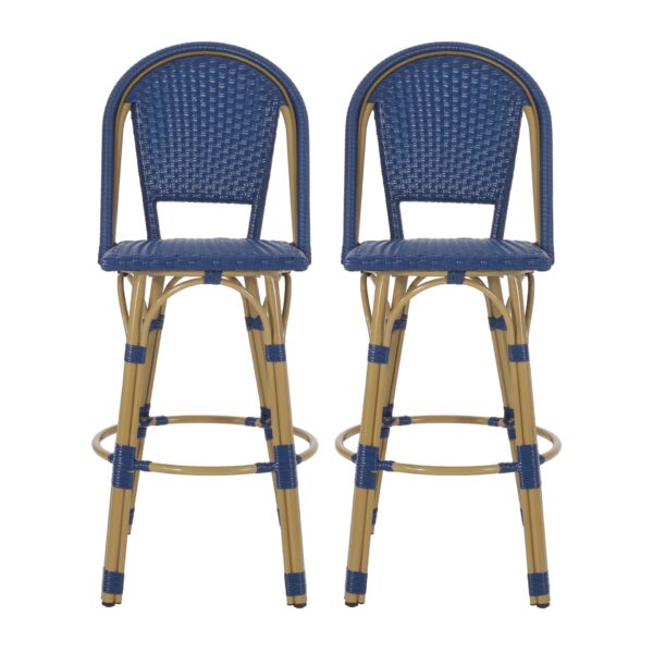 Outdoor Rattan And Aluminum French Barstools Set - Navy Blue
