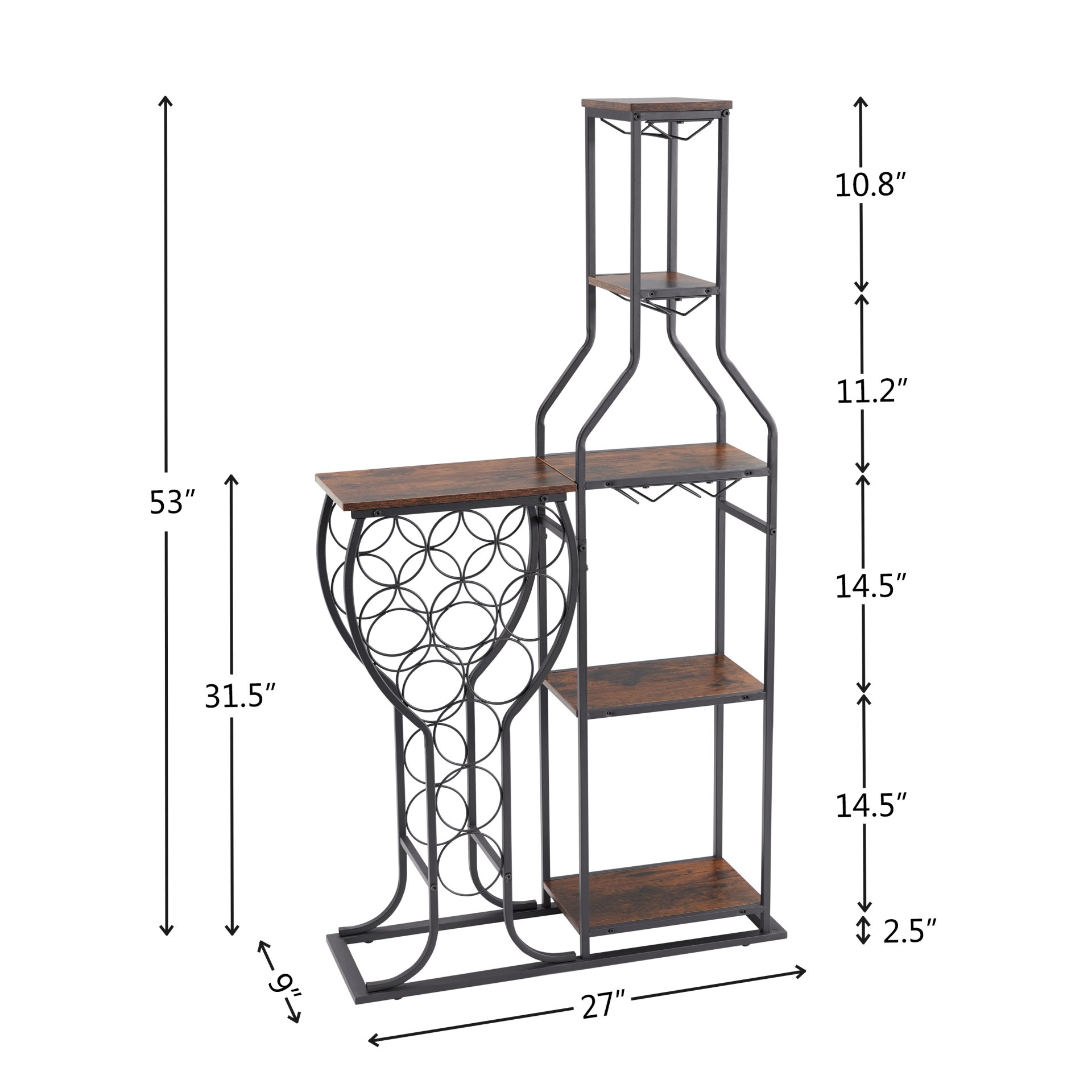 11 Bottle Wine Bakers Rack, 5 Tier Freestanding Wine Rack With Hanging Wine Glass Holder And Storage Shelves, Wine Storage Home Bar For Liquor And Wine Storage for Kitchen, Dining Room - Antique Brown / Black - Image 3