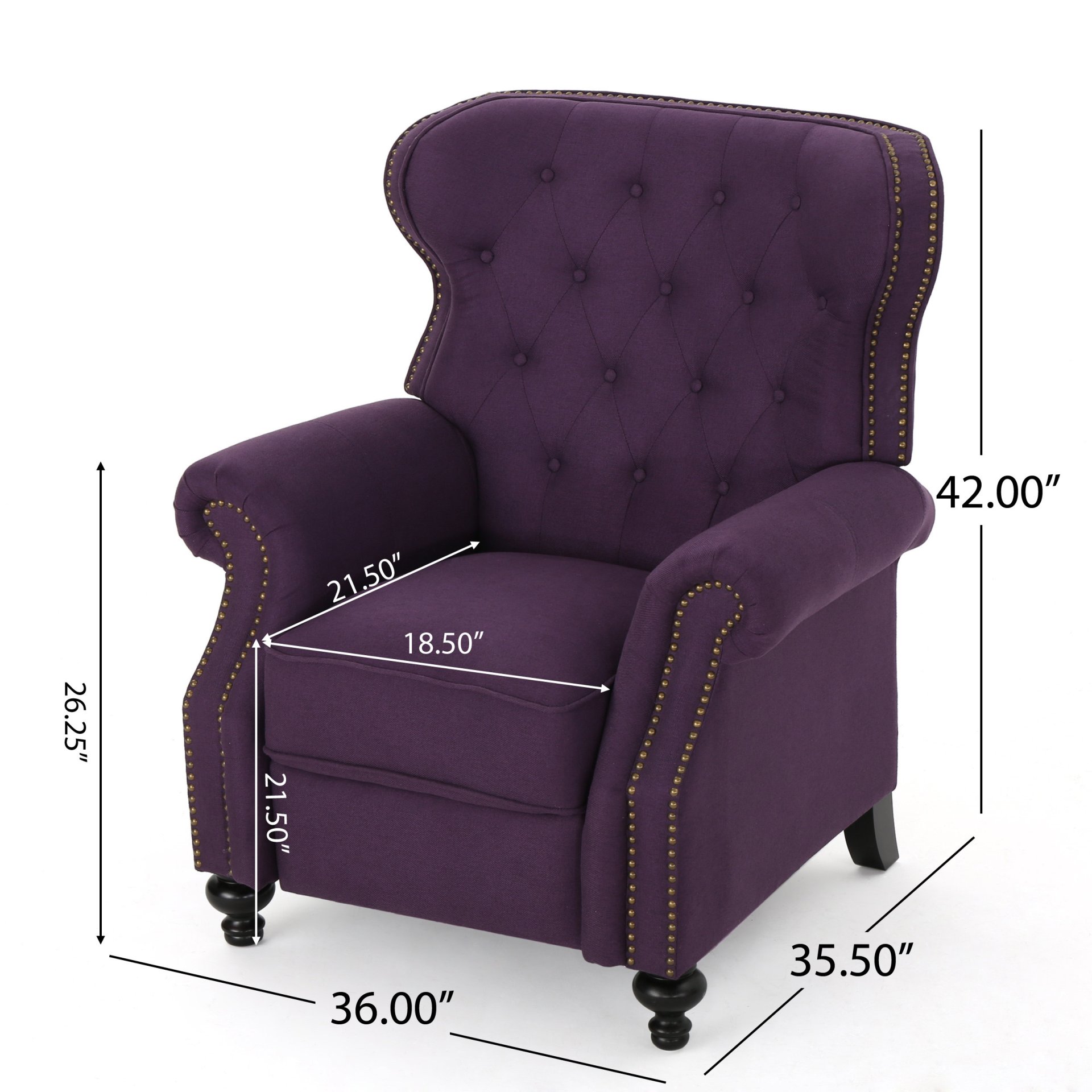 Accented Push Back Recliner Chair With Rolled Arms, Cocooning Comfort - Plum - Image 3
